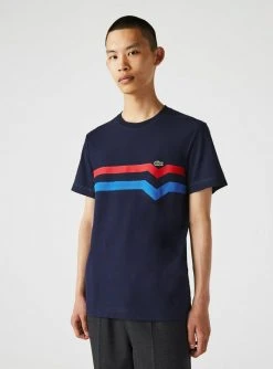 Nouveau 🔥 Lacoste T-shirt Imprimé - Bleu Marine / Rouge / Bleu 💯