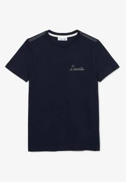 Offres 🎁 LACOSTE FEMME - T-shirt Imprimé - Bleu Marine Blanc 🌟